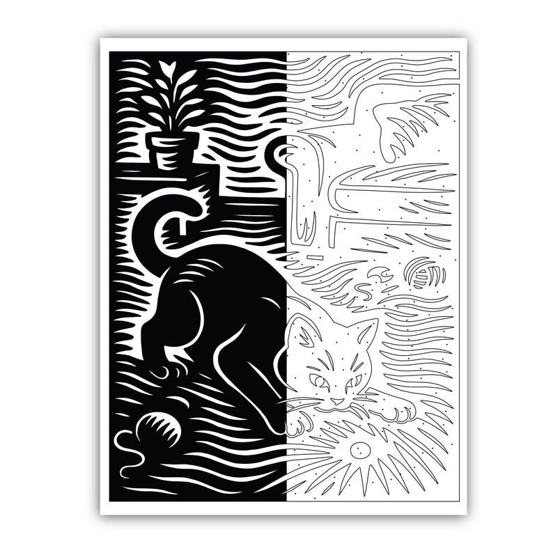 May include: Black and white art print featuring a cat playing with a ball of yarn. The artwork is split vertically, with a black and white contrast. The left side shows a black cat and a ball of yarn, while the right side shows the cat in white.
