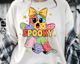 Patchwork Spooky Ghost PNG: Coquette Halloween Design (Digital Download)