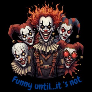 May include: A digital illustration of five menacing clowns with exaggerated features. The clowns have white faces, red noses, and sinister smiles. They wear jester hats and ruffled collars, with the text "Funny until...it's not" in blue.