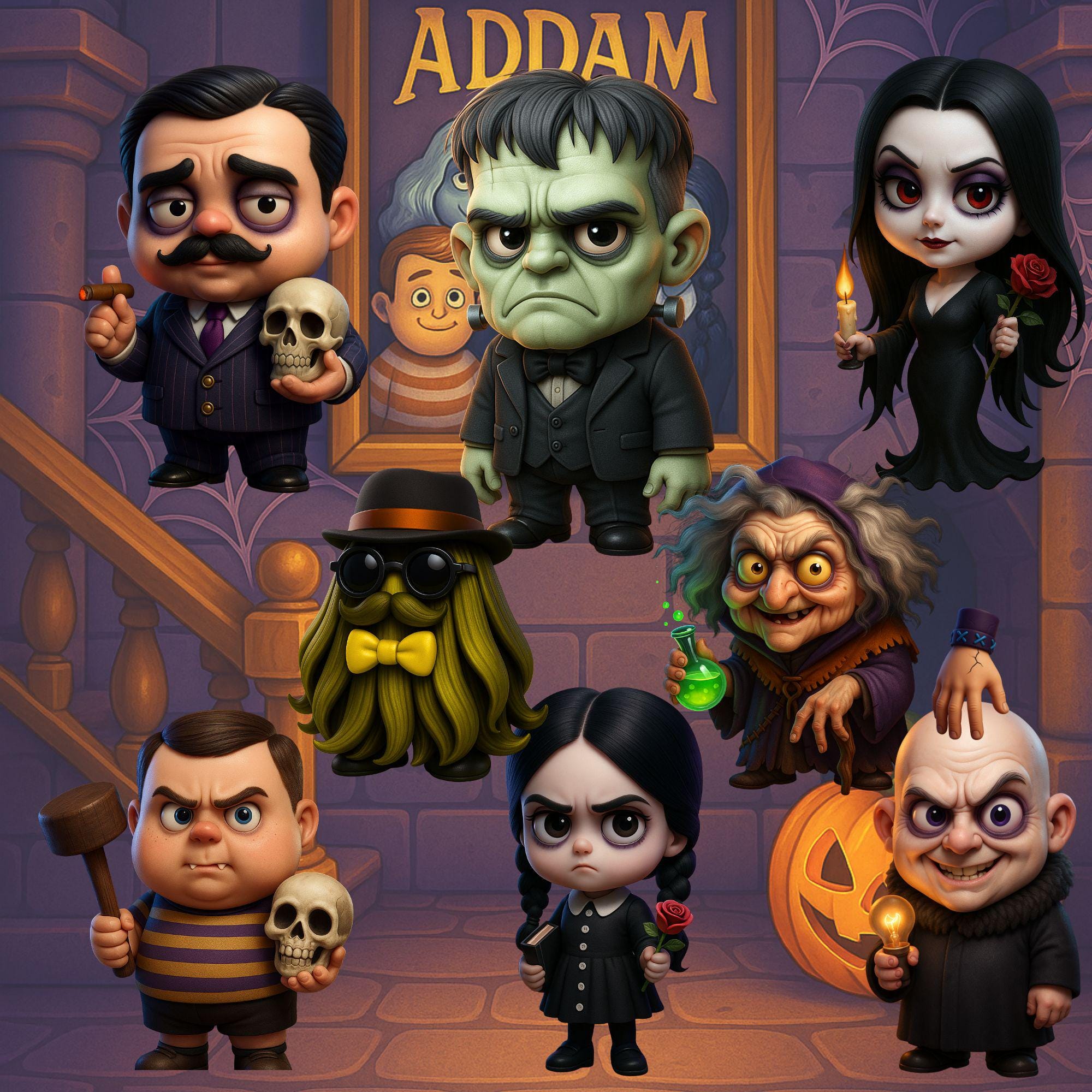 Addams Family Chibi PNG Bundle: Spooky Cartoon Clipart (digital