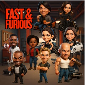 May include: A digital illustration featuring characters from the "Fast & Furious" film franchise. The image showcases cartoon-style depictions of the actors, with the title text "Fast & Furious" in bold orange letters at the top left.