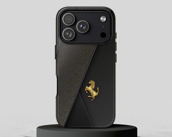 May include: A black smartphone case featuring a triple-lens camera module, a textured diagonal panel with a dotted pattern, and a metallic gold prancing horse emblem centered on the smooth matte black surface of the back panel.