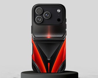 May include: A smartphone case featuring a black and red color scheme with a textured honeycomb pattern on the upper section and a smooth, triangular geometric design on the lower portion, surrounding a triple-lens camera module.