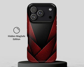 May include: A smartphone case featuring a black and red carbon fiber pattern with a geometric design. The case has a cutout for a triple-lens camera system and flash. Text on the left reads Hidden MagSafe Edition with a circle icon.