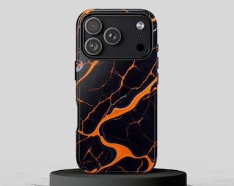 Black Marble Look Phone Case - Orange Vein Bold Cover