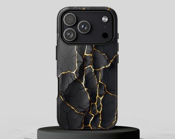 Funda Kintsugi negra y dorada con diseño de mármol agrietado para iPhone, Samsung y Pixel.