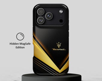 Op Maserati geïnspireerd MagSafe-telefoonhoesje - luxe zwart carbon Gold Line-ontwerp voor iPhone 17 16 15 14 13, Samsung Galaxy S26 Ultra Plus