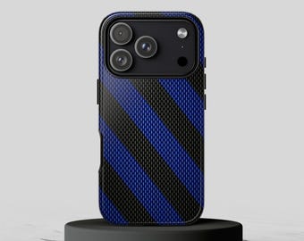 May include: A smartphone case featuring a diagonal striped pattern in alternating black and blue colors with a fine mesh-like texture. The case includes a black camera module cutout with three circular lenses and a small circular flash.