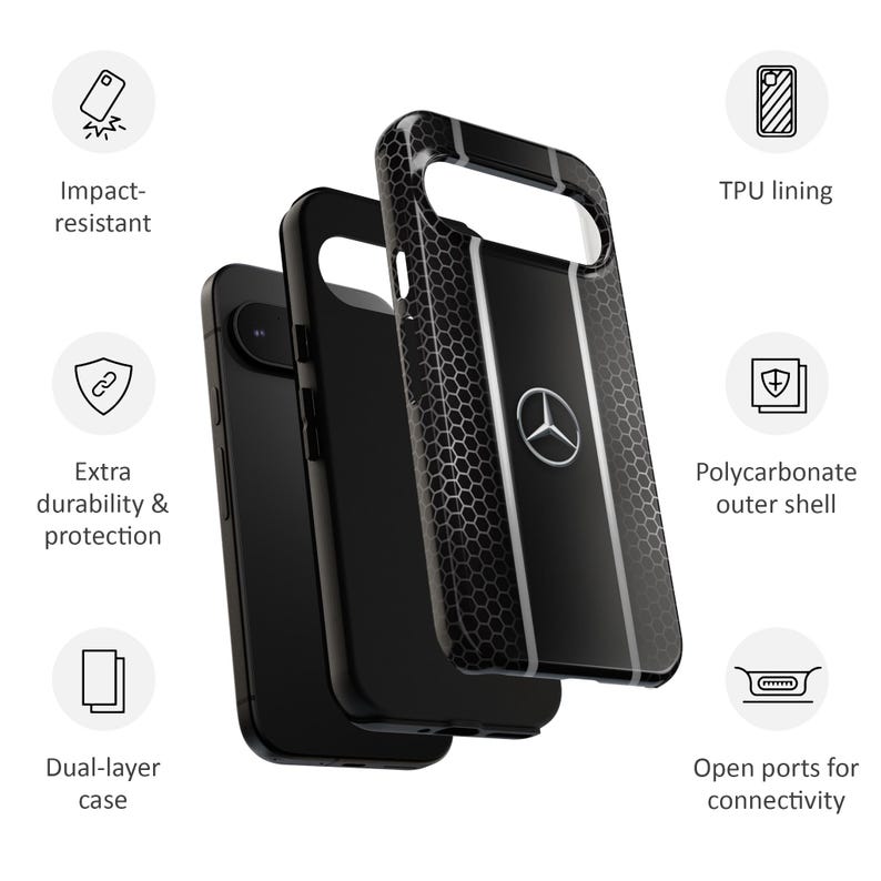 Funda de lujo para teléfono inspirada en Mercedes: cubierta negra estilo panal de abeja para iPhone, Samsung y Pixel. imagen 3