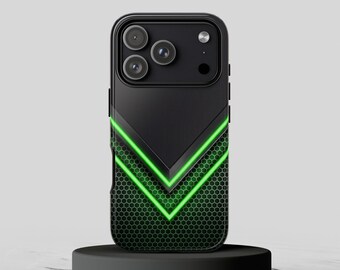 May include: A black smartphone case featuring a triple camera array at the top. The back design displays a dark hexagonal honeycomb pattern overlaid with two bright neon green chevron arrows pointing downward toward the bottom edge.