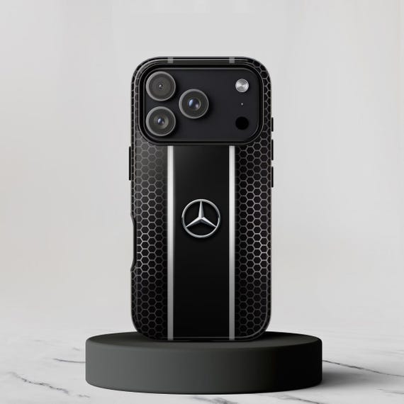 Mercedes-Inspired Luxury Phone Case: Black Honeycomb Auto-Style Cover for iPhone, Samsung & Pixel