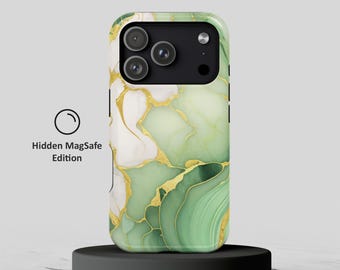Funda para teléfono MagSafe con aspecto de mármol veteado dorado en color verde salvia - Elegante funda con estampado de lujo