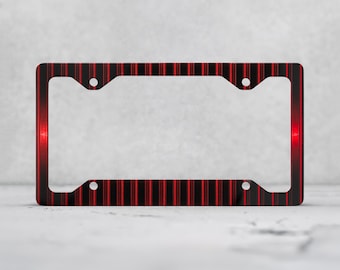 Red Pinstripe on Black License Plate Frame - Printed Vertical Stripe Sporty Car Accessory