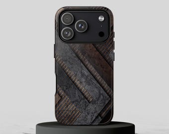 May include: A smartphone case featuring a geometric pattern of dark gray marble-textured panels and dark wood-grain planks, accented by thin, parallel copper-colored lines. The case has a black camera module cutout with three lenses.