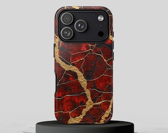 May include: A smartphone case featuring a deep red and black marble pattern with prominent gold-colored veining throughout the surface. The case includes a black camera module cutout with three circular lenses and a flash, designed for a modern mobile device.