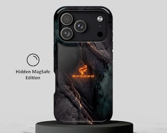 May include: A black phone case featuring a dark, textured rock-like pattern with glowing orange veins and a central orange horse logo. The case includes a camera cutout and the text Hidden MagSafe Edition printed to the left of the device.