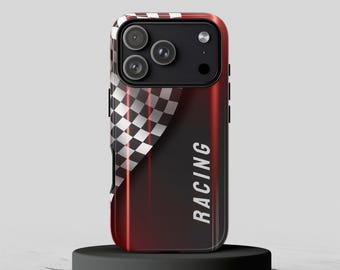 May include: A smartphone case featuring a red and black gradient background with a white and black checkered flag pattern on the left side. The word RACING is printed in white vertical capital letters on the right side of the case.