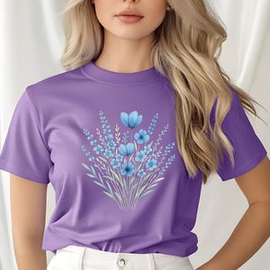 Elegant Blue Floral T-Shirt for Women – Soft Cotton Tee with Botanical Design – Nature Lover Gift, Cottagecore Aesthetic Shirt