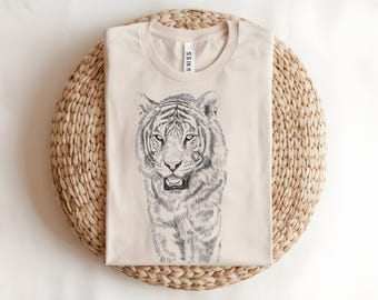 Hand Drawn Tiger T-Shirt | Wildlife Graphic Tee | Minimal Animal Print Shirt | Unisex Nature Lover Gift | White Cotton Tee