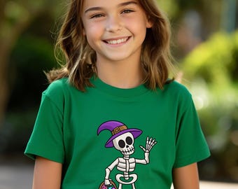 Halloween Skeleton Shirt, Cute Witch Hat Skeleton Tee, Kids Trick or Treat T-shirt, Spooky Season Shirt, Halloween Party Gift