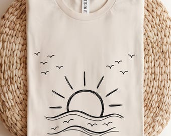 Minimalist Sunset T-Shirt, Ocean Waves Graphic Tee, Beach Boho Summer Shirt, Aesthetic Line Art Top, Coastal Vacation Gift