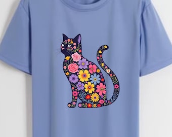 Floral Cat T-shirt, Cute Cat Lover Gift, Cottagecore Aesthetic, Botanical Cat Shirt, Flower Cat Tee, Pet Lover Gift