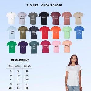 May include: A Gildan 64000 t-shirt colour chart displaying twenty-one variations including white, athletic heather, black, red, and orange. A measurement table lists sizes S through 2XL with widths from 18 to 26 inches and lengths from 28 to 32 inches.