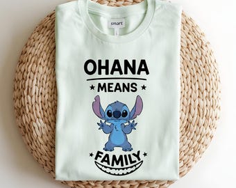 Ohana Means Family Sweatshirt, Cute Blue Alien Pullover, Family Matching Outfit, Cozy Graphic Crewneck for Fans