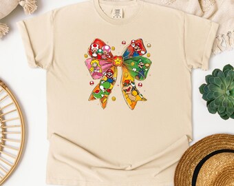 Super Mario Bow Comfort Colors Shirt, Mario Luigi Princess Peach Graphic Tee, Retro Gaming Birthday Gift