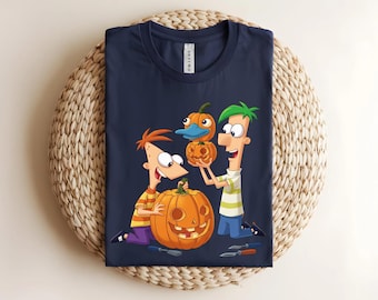 Phineas and Ferb Halloween T-shirt, Pumpkin Carving Tee, Perry the Platypus Shirt, Fall Kids Shirt, Spooky Cartoon Tee.