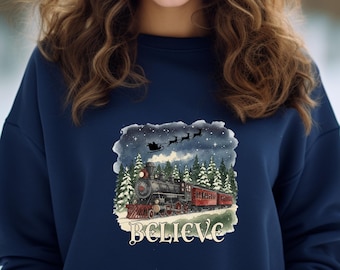 Polar Express Inspired Christmas Sweatshirt - Believe Train Santa Holiday Crewneck - Cozy Winter Gift for Her