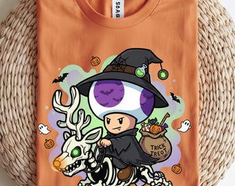 Cute Halloween Toad Witch Shirt – Spooky Skeleton Deer Ride, Trick or Treat Tee, Kawaii Gamer Costume, Fall Graphic Tee