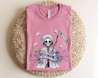Dead Inside But Still Cute Shirt, Gothic Grim Reaper Aesthetic Sweatshirt, Funny Spooky Halloween Sweatshirt, Pastel Goth Cute Skeleton Top