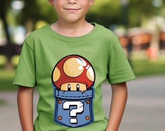Super Mario Mushroom Pocket T-shirt, Question Mark Block Tee, Gamer Gift, Kids Video Game Shirt, Nintendo Shirt.