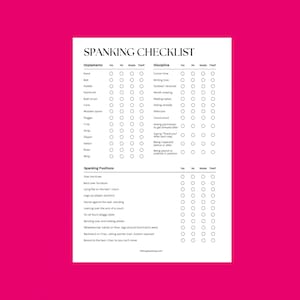 Puede incluir: Una lista de verificación blanca titulada "SPANKING CHECKLIST" sobre un fondo rosa brillante. La lista de verificación incluye columnas para implementos, disciplina y posiciones de azotes, con opciones para "Sí", "No", "Tal vez" y "Probado". El sitio web "takingaspanking.com" está en la parte inferior.