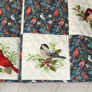 Embroidered Winter Birds Table Runner: Quilted Christmas Decor