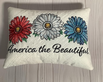 America the Beautiful Pillow – Patriotic Floral Mini Pillow, Americana Decor, Farmhouse July 4th Shelf Pillow, Small Accent Cushion