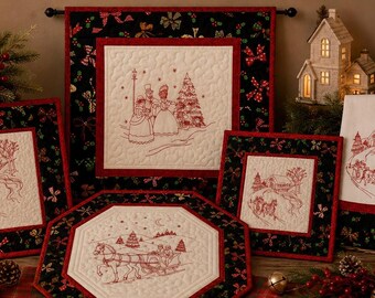 Christmas Bows Collection Bundle | Embroidered Holiday Kitchen & Table Decor Set | Heirloom Christmas Gift | Vintage Redwork Collection
