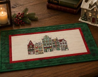 Village in Winter Mini Table Runner | Quilted Christmas Centerpiece | Embroidered Winter Village Table Decor | Handmade Holiday Accent