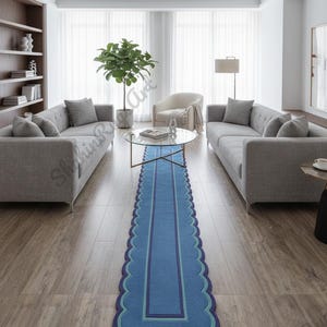 Scalloped Blue Wool Table Runner Rug - Modern Wavy Edge Hallway Carpet - Teal Nautical Nursery - Hand Tufted Scallop Trim Area Rug