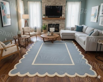 Hand-Tufted Scalloped Border Wool Rug, Sky Blue and Cream Wavy Edge Area Rug for Nursery, Bedroom, or Living Room - Custom Size Modern Decor