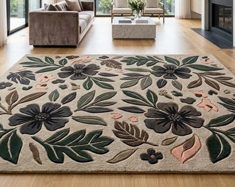 Hand Tufted Wool Floral Rug, Large Floral Area Rug for Living Room, Green & Pink Botanical Rug, Wool Carpet, Modern Aesthetic Home Decor