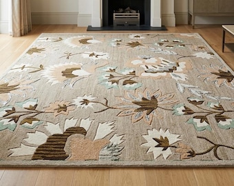 Large Floral Area Rug, Handcrafted Tufted Wool Rug, Neutral Beige Living Room Decor, Aesthetic Botanical Pastel Carpet, Housewarming Gift