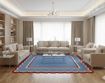 Hand Tufted Scalloped Border Rug Modern Blue Area Rug With Red & White Frame,High Pile Contemporary Floor Carpet, Custom size Available