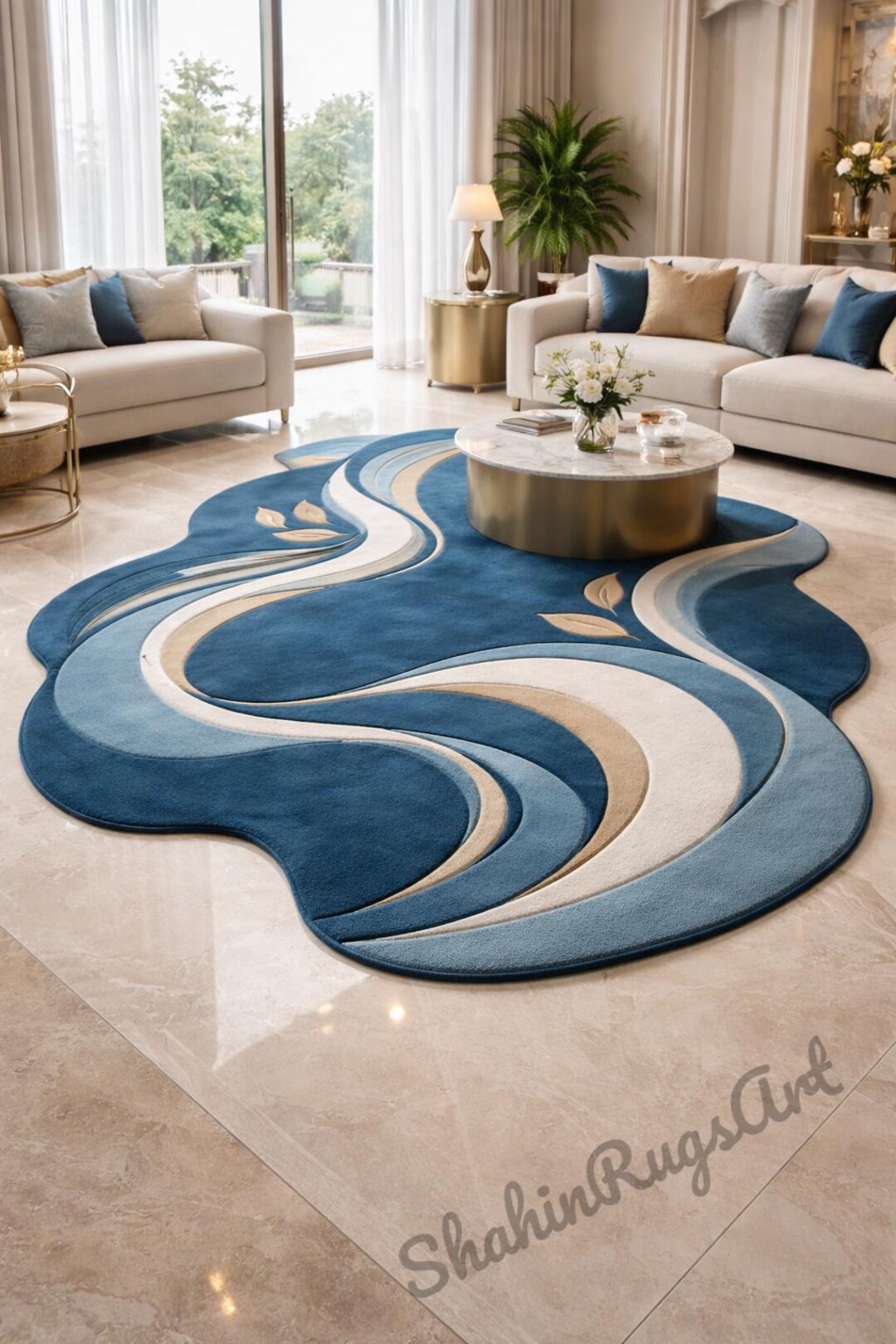 Hand Tufted Wavy Rug, Irregular Shape Abstract Blue Carpet, Modern 3D ...
