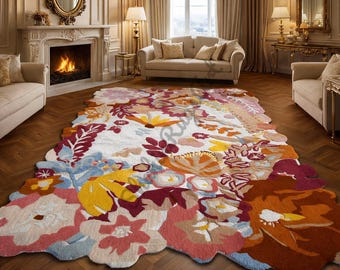 Hand Tufted Floral Area Rug, Irregular Shape Modern Wool Rug, Colorful Botanical Handmade Carpet, Luxury Living Room Bedroom Decor
