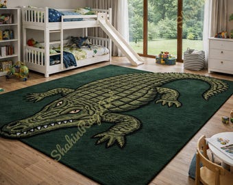 Handmade 3D Crocodile Area Rug - Large Forest Green Alligator Carpet for Living, Nursery,  Bedroom - Unique Animal Shaped Tufted Floor Decor