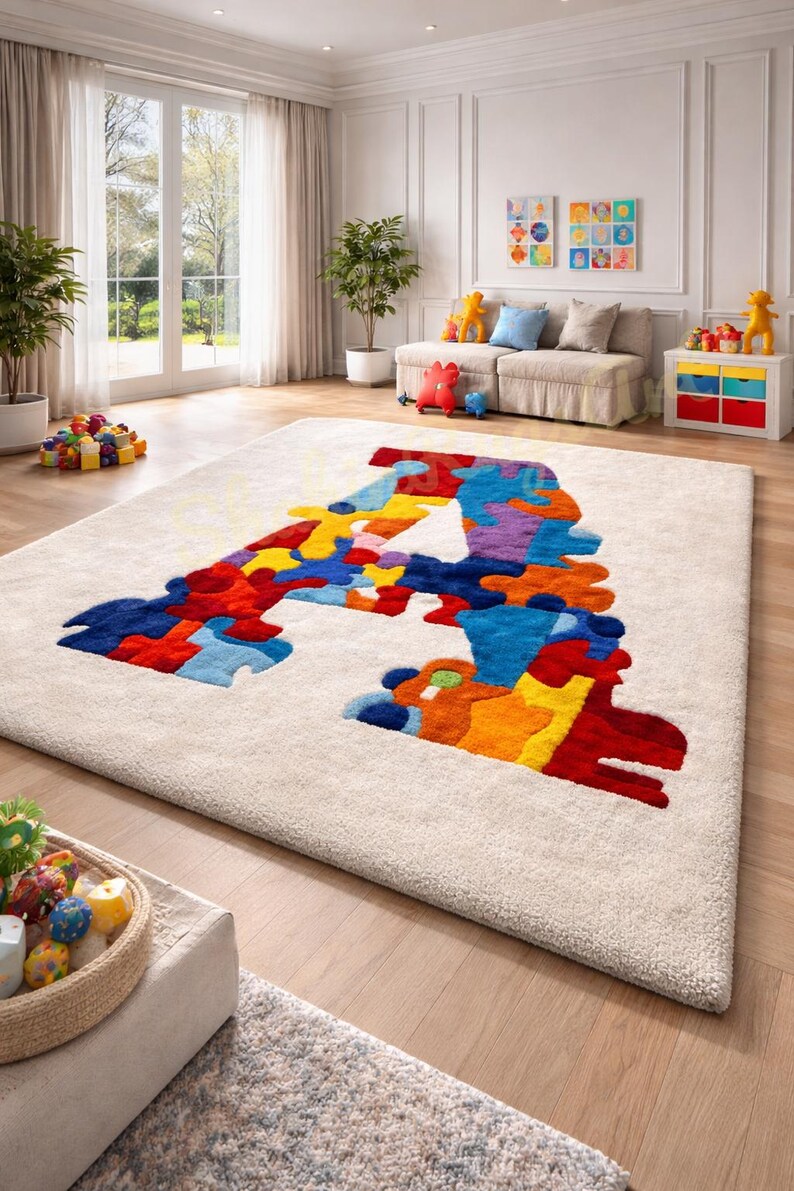 Modern Puzzle Rug Colorful Puzzle Piece Letter A Rug for Kids Room, Autism Awareness ...