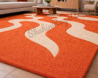 Modern Abstract Wavy Rug, Orange Area Rug for Living Room, Hand Tufted High Pile Rugs, Minimalist Home Decor