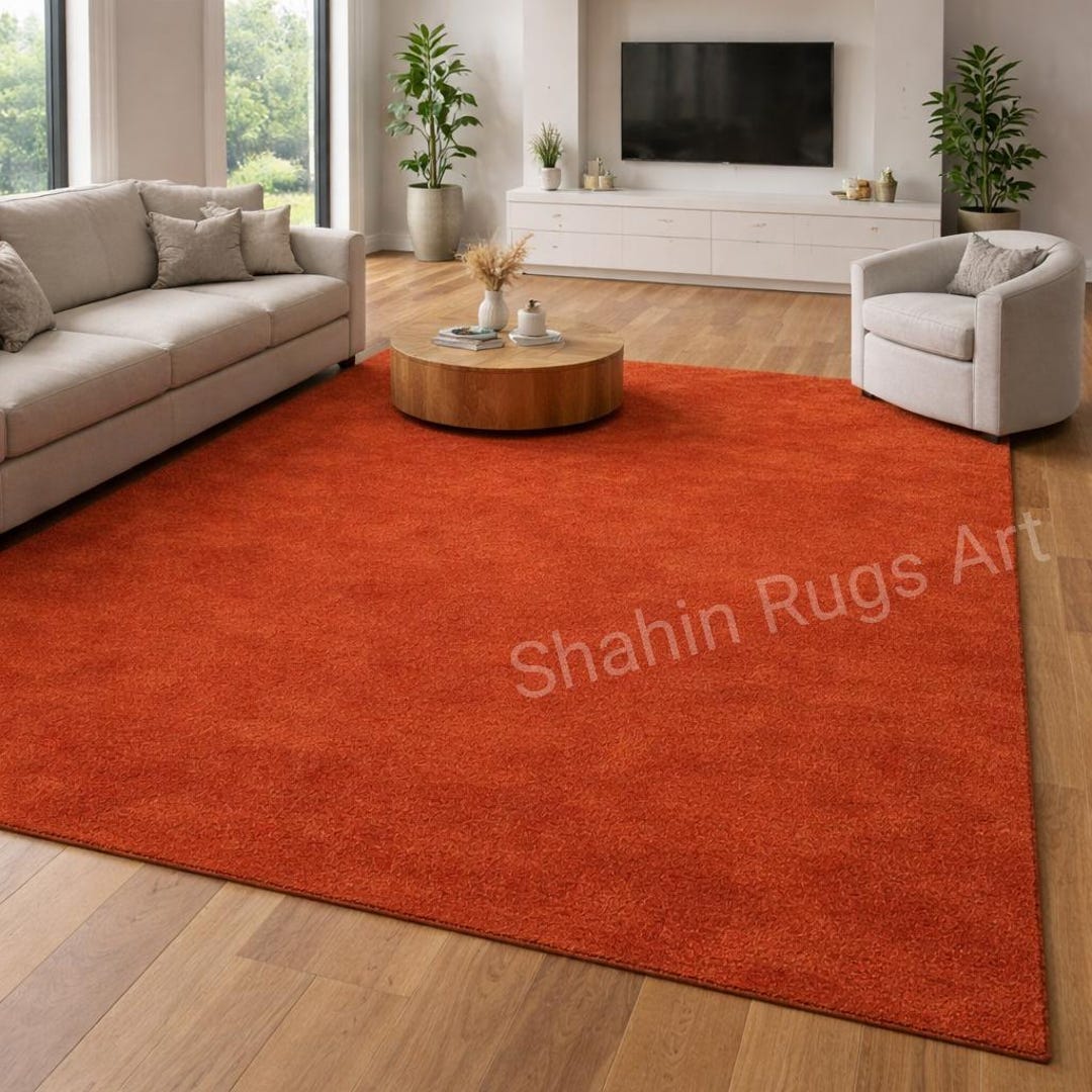 Rust Textured Area Rug Ranch Style Hand Tufted Solid Rust Area Rug, Minimalist Wool Carpet, Modern Plain ...